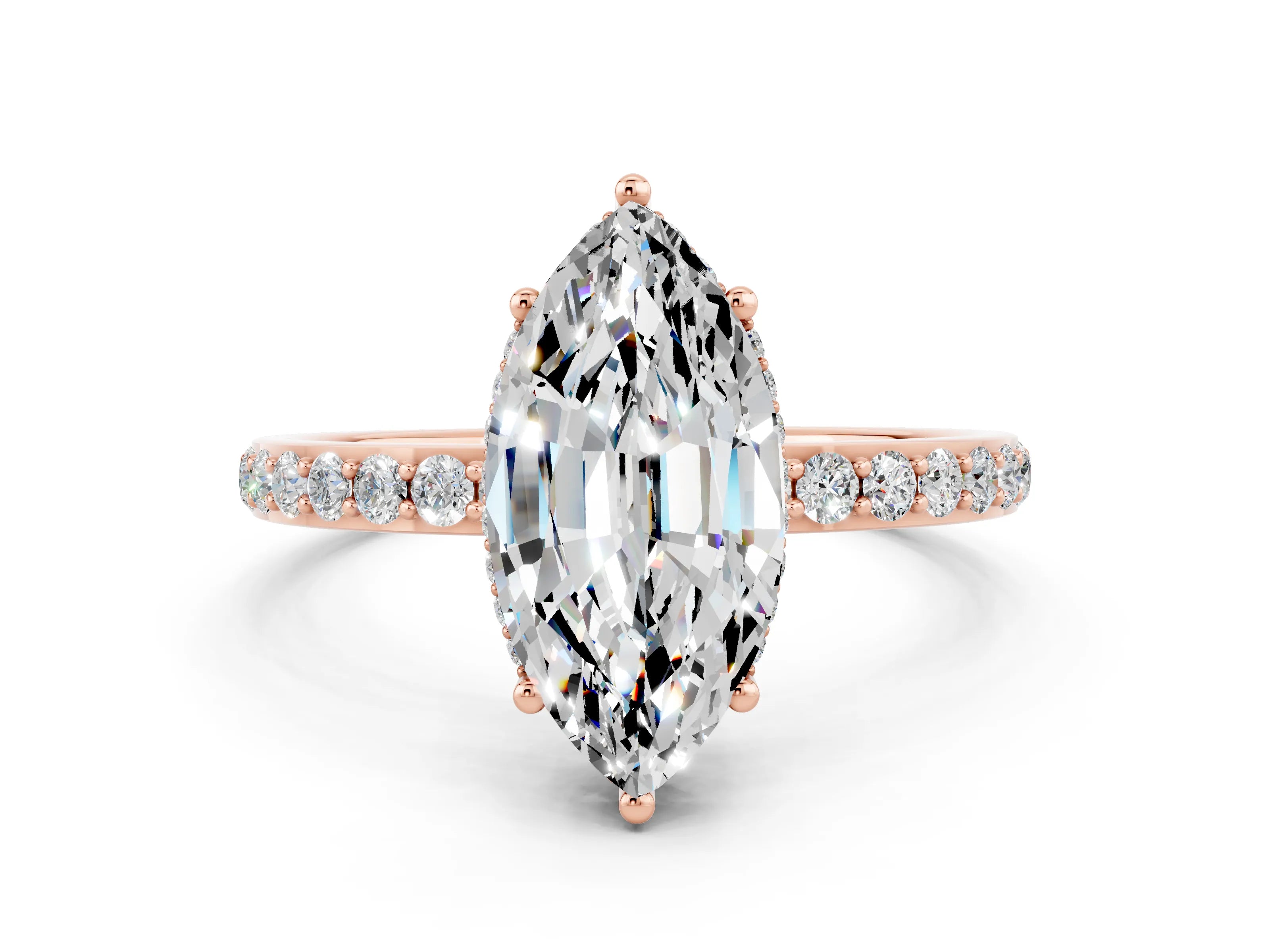 Rose gold Marquise Cut Moissanite Solitaire Ring with Pavé Band and Hidden Halo_12