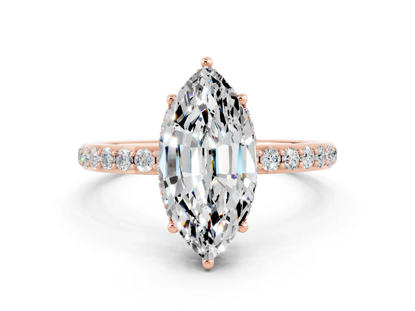 Rose gold Marquise Cut Moissanite Solitaire Ring with Pavé Band and Hidden Halo