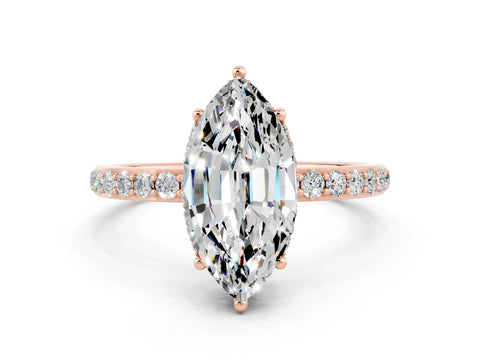 Rose gold Marquise Cut Moissanite Solitaire Ring with Pavé Band and Hidden Halo_12