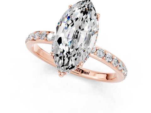Rose gold Marquise Cut Moissanite Solitaire Ring with Pavé Band and Hidden Halo_13