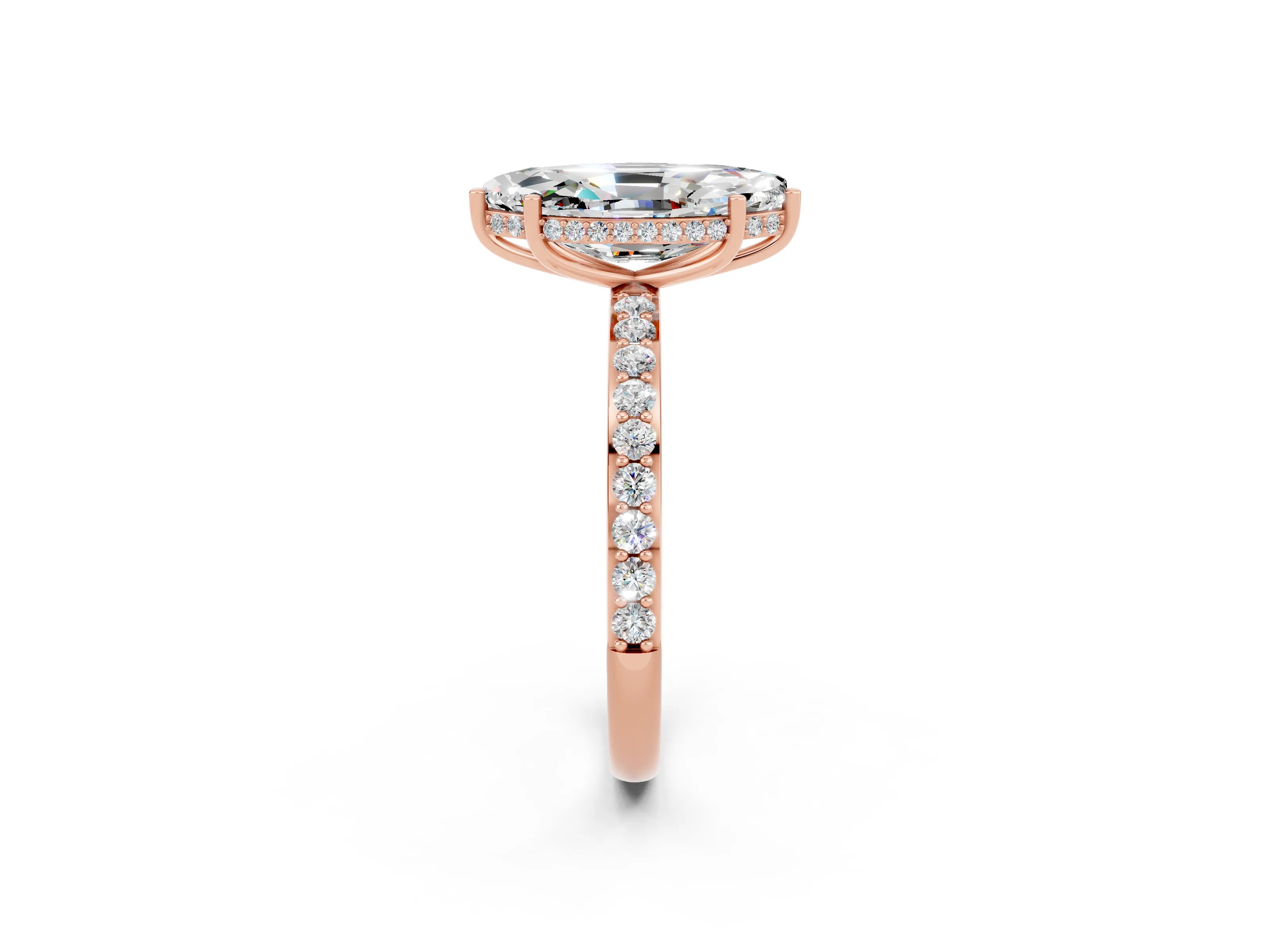 Rose gold Marquise Cut Moissanite Solitaire Ring with Pavé Band and Hidden Halo_14