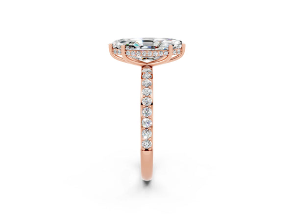 Rose gold Marquise Cut Moissanite Solitaire Ring with Pavé Band and Hidden Halo
