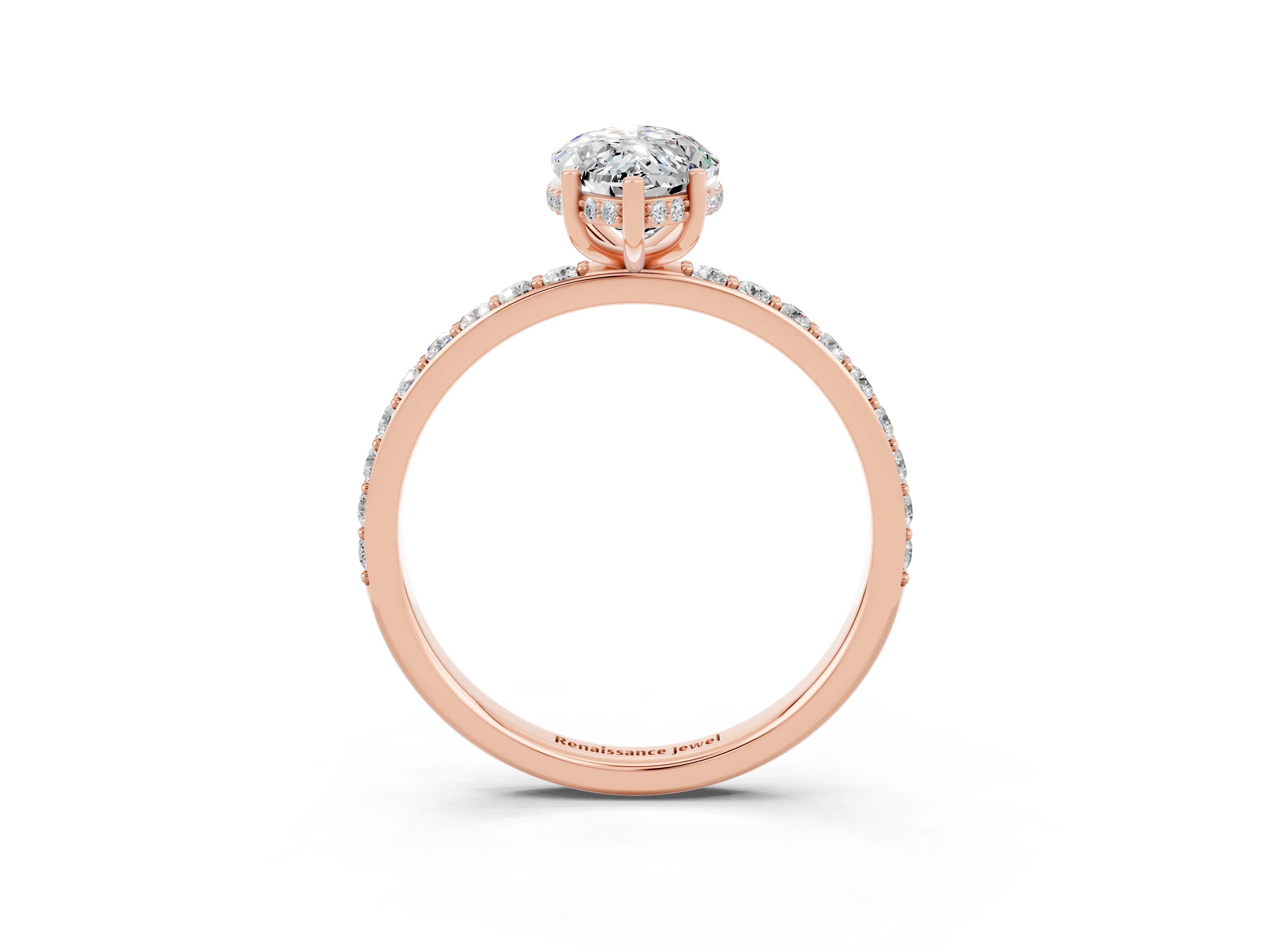 Rose gold Marquise Cut Moissanite Solitaire Ring with Pavé Band and Hidden Halo_15