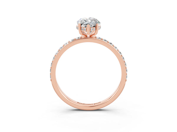 Rose gold Marquise Cut Moissanite Solitaire Ring with Pavé Band and Hidden Halo