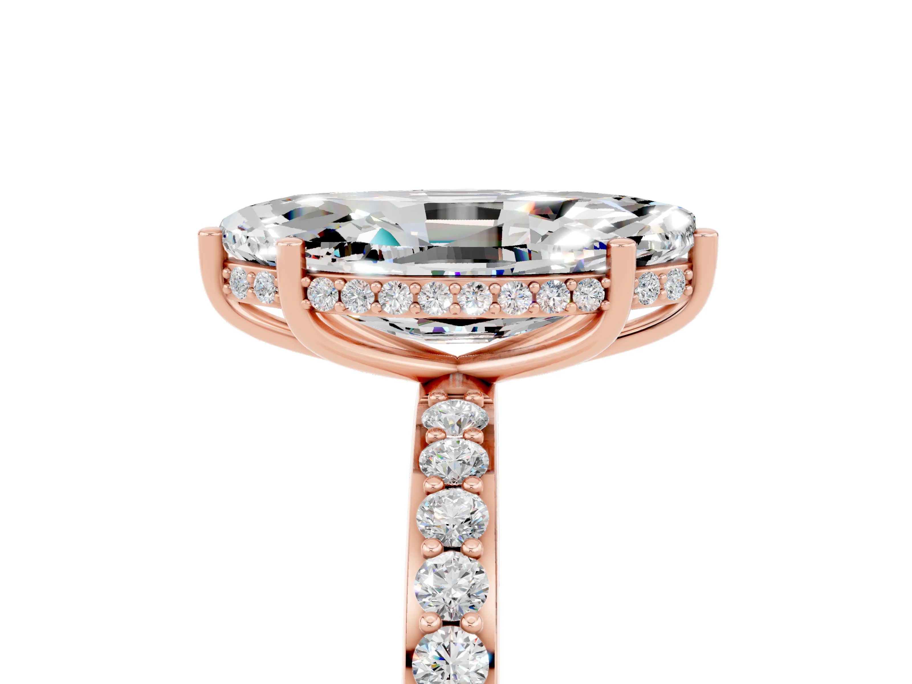 Rose gold Marquise Cut Moissanite Solitaire Ring with Pavé Band and Hidden Halo_17
