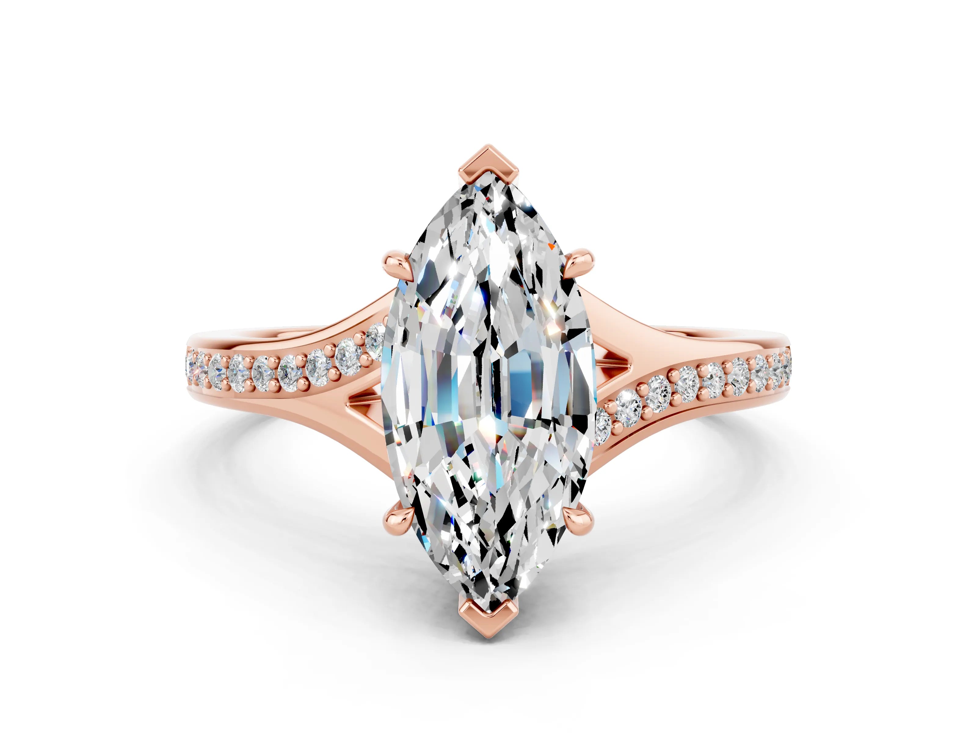Rose gold Marquise Cut Moissanite Solitaire Ring with Pavé Band and Prong Setting