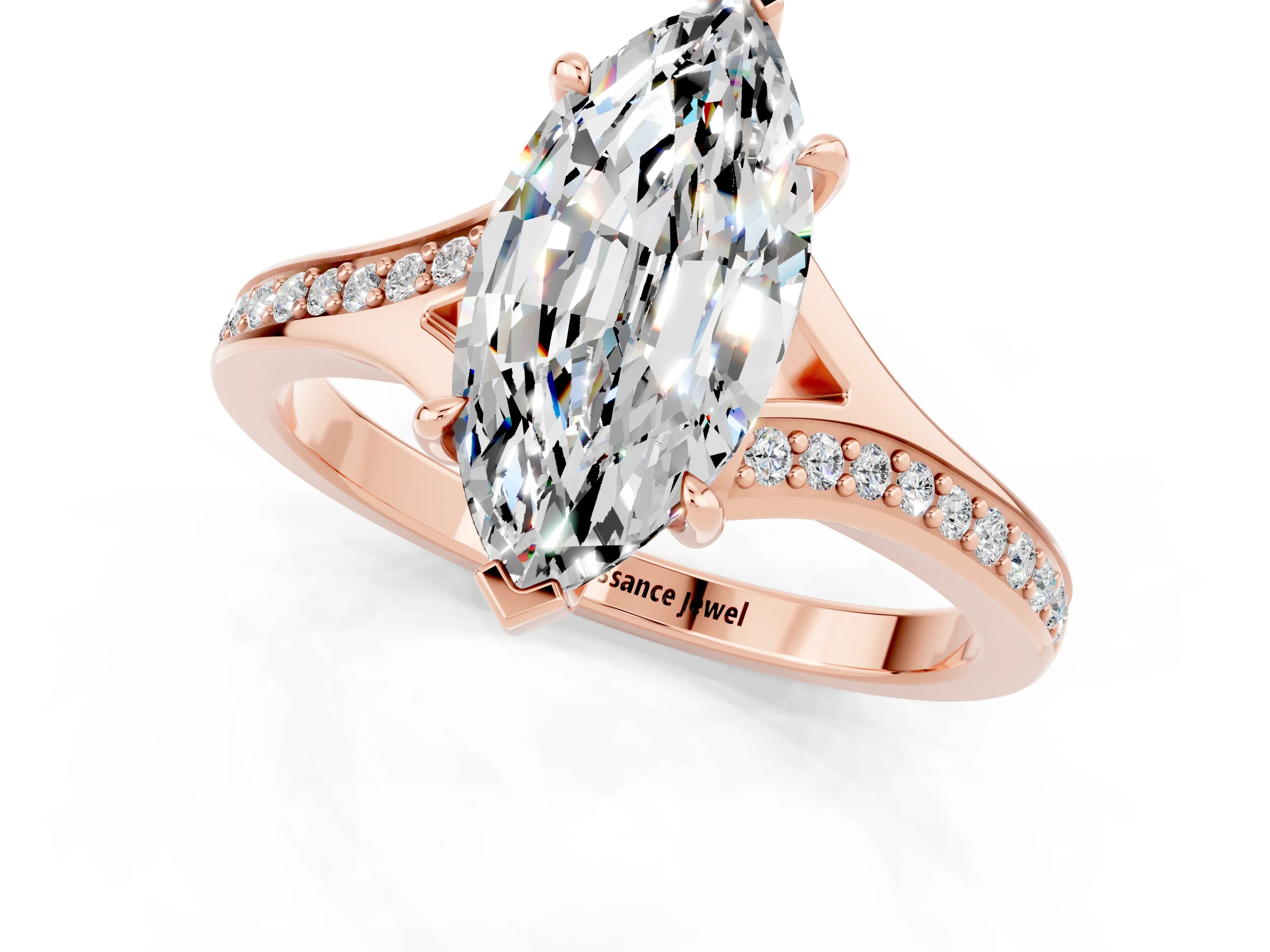 Rose gold Marquise Cut Moissanite Solitaire Ring with Pavé Band and Prong Setting_13