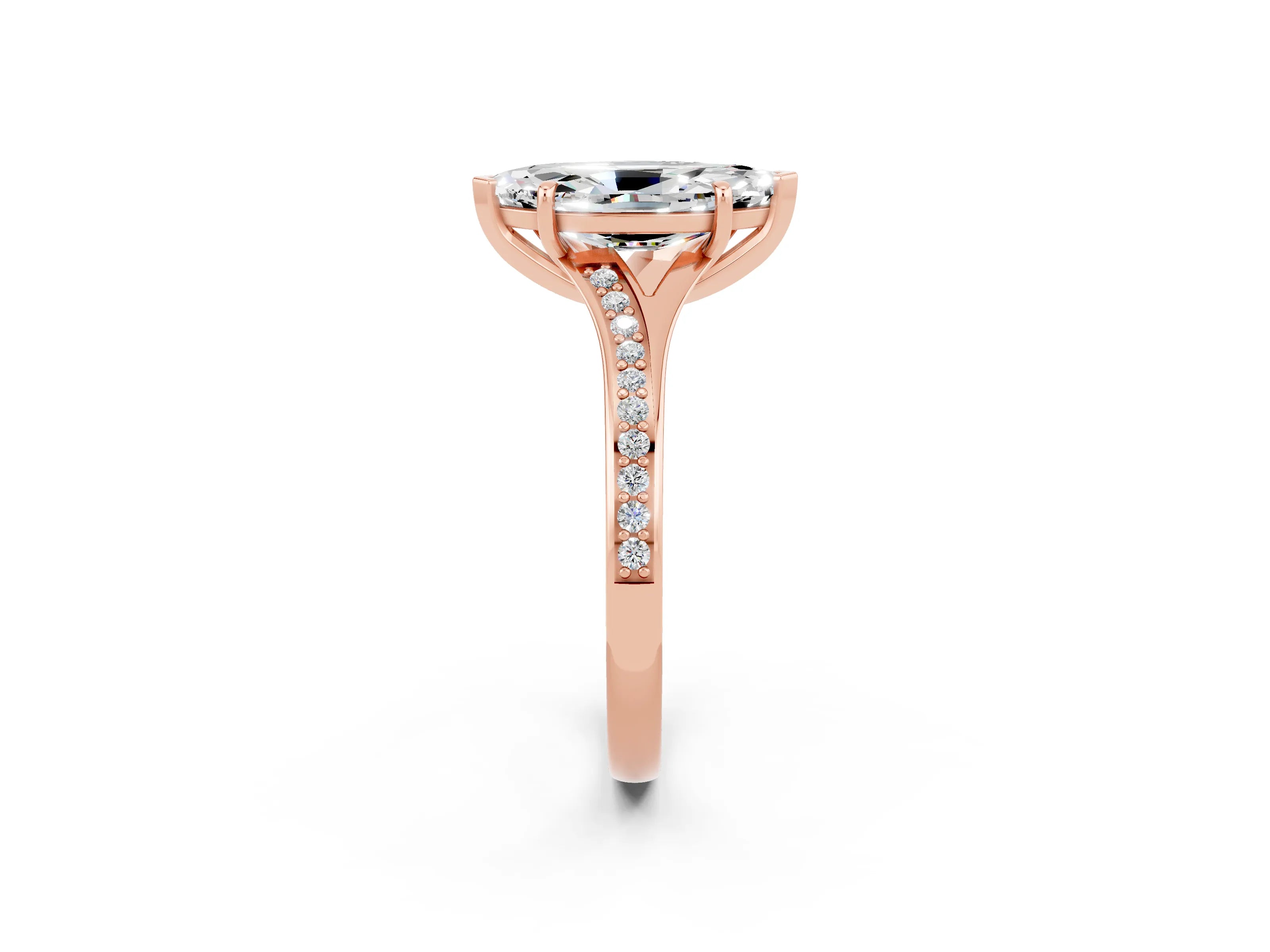 Rose gold Marquise Cut Moissanite Solitaire Ring with Pavé Band and Prong Setting_14