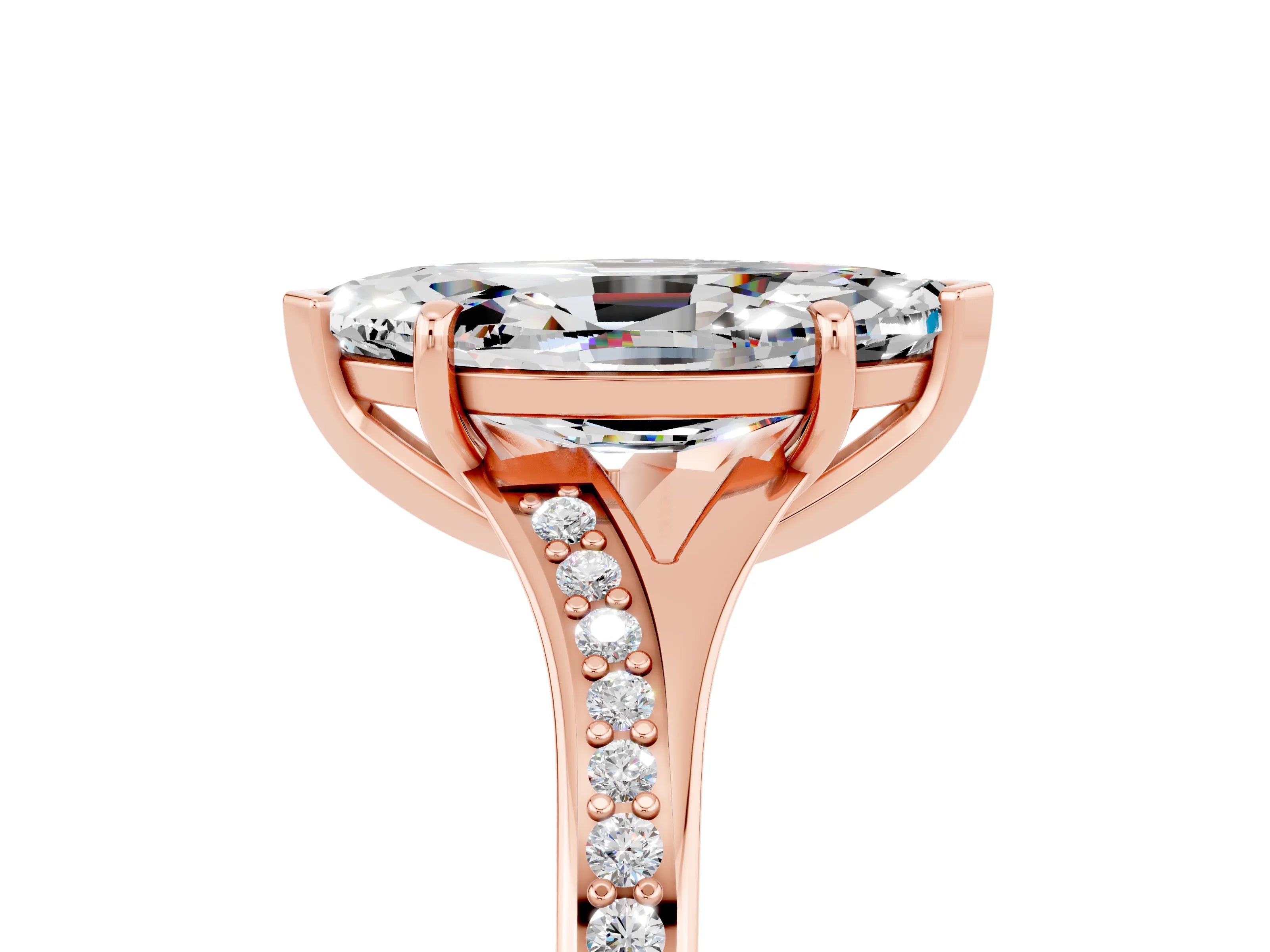 Rose gold Marquise Cut Moissanite Solitaire Ring with Pavé Band and Prong Setting_17