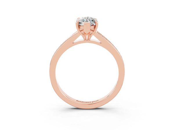 Rose gold Marquise Cut Moissanite Solitaire Ring with Pavé Band and Prong Setting