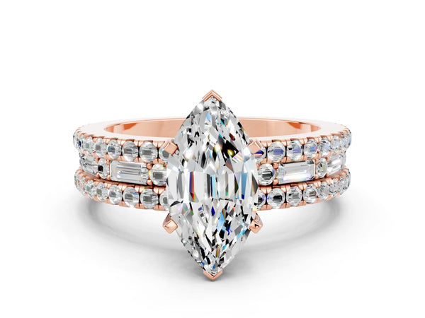 Rose gold Marquise Cut Moissanite Solitaire Ring with Pavé and Channel Set Band