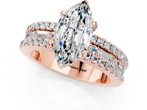 Rose gold Marquise Cut Moissanite Solitaire Ring with Pavé and Channel Set Band_1