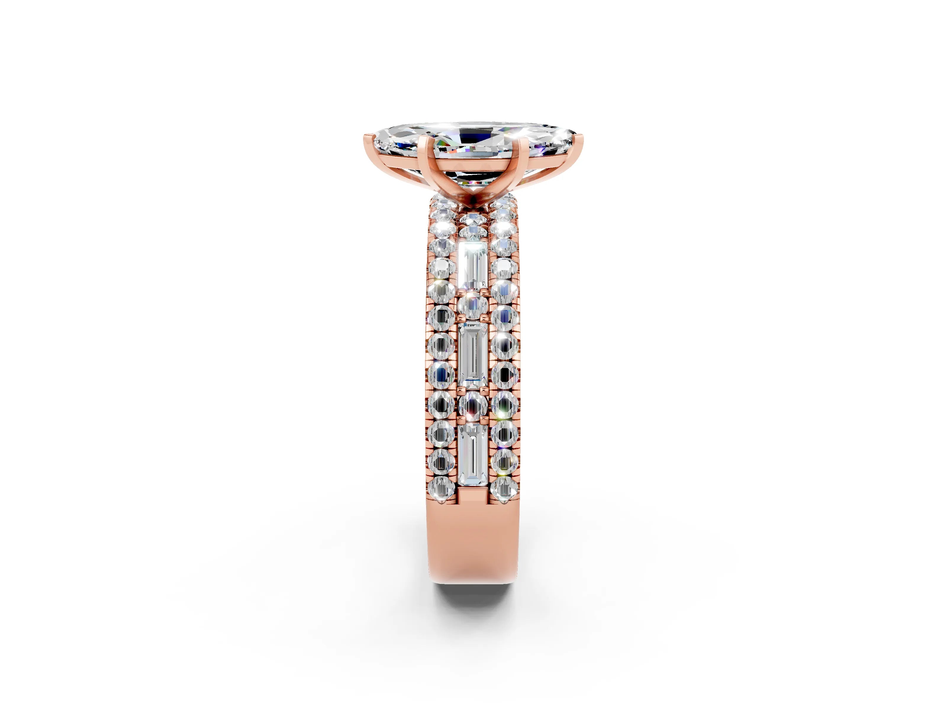 Rose gold Marquise Cut Moissanite Solitaire Ring with Pavé and Channel Set Band_2