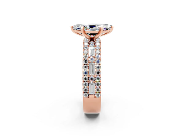Rose gold Marquise Cut Moissanite Solitaire Ring with Pavé and Channel Set Band