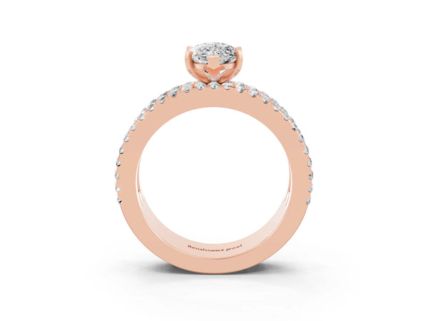 Rose gold Marquise Cut Moissanite Solitaire Ring with Pavé and Channel Set Band