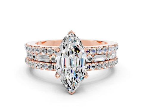 Rose gold Marquise Cut Moissanite Solitaire Ring with Pavé and Channel Set Band