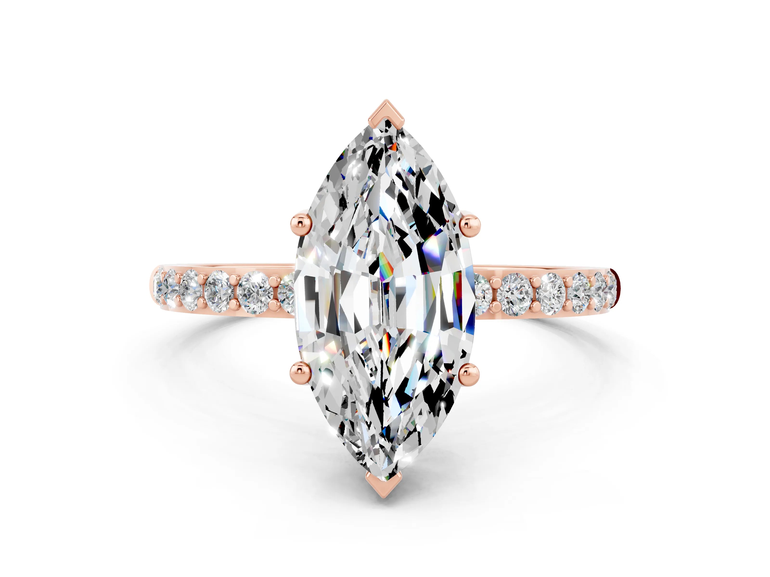 Rose gold Marquise Cut Moissanite Solitaire Ring with Pave Band and Four Prong Setting_24