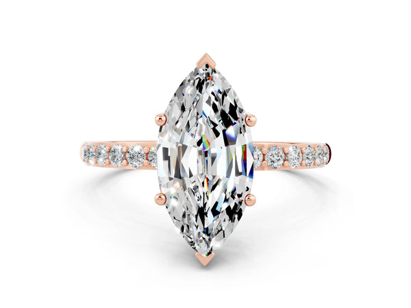 Rose gold Marquise Cut Moissanite Solitaire Ring with Round  Pavé Band and Prong Setting