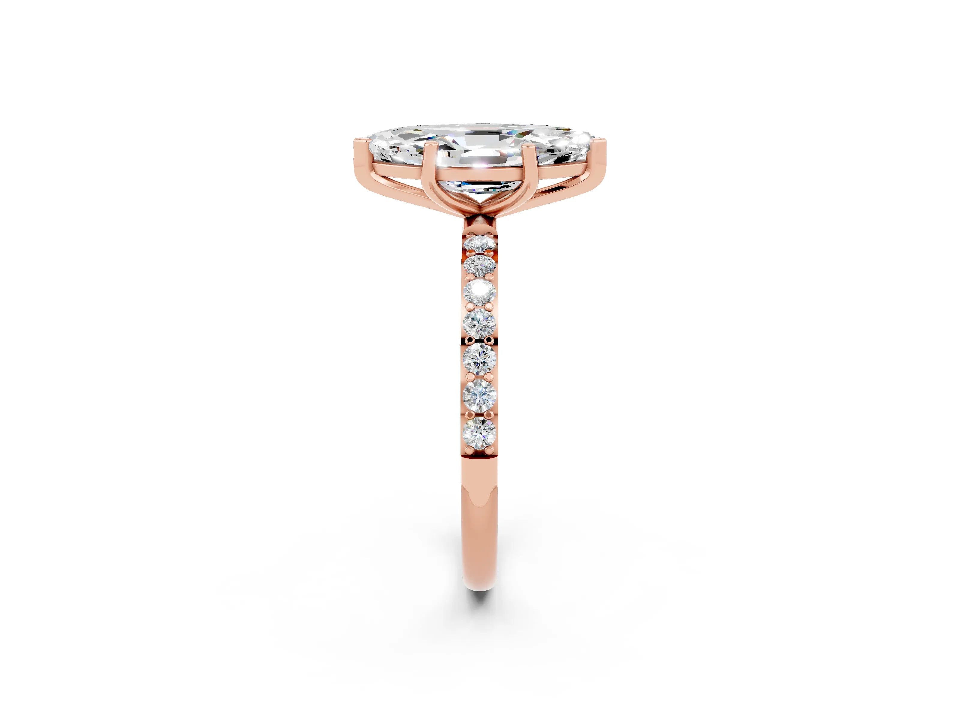 Rose gold Marquise Cut Moissanite Solitaire Ring with Pave Band and Four Prong Setting_26