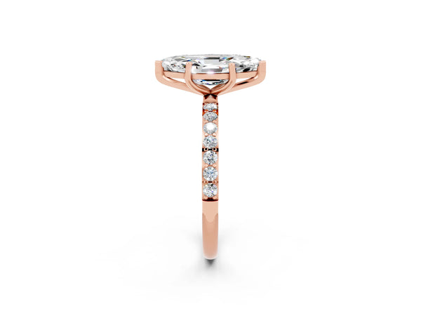 Rose gold Marquise Cut Moissanite Solitaire Ring with Round  Pavé Band and Prong Setting