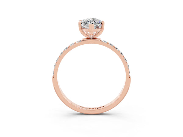 Rose gold Marquise Cut Moissanite Solitaire Ring with Round  Pavé Band and Prong Setting