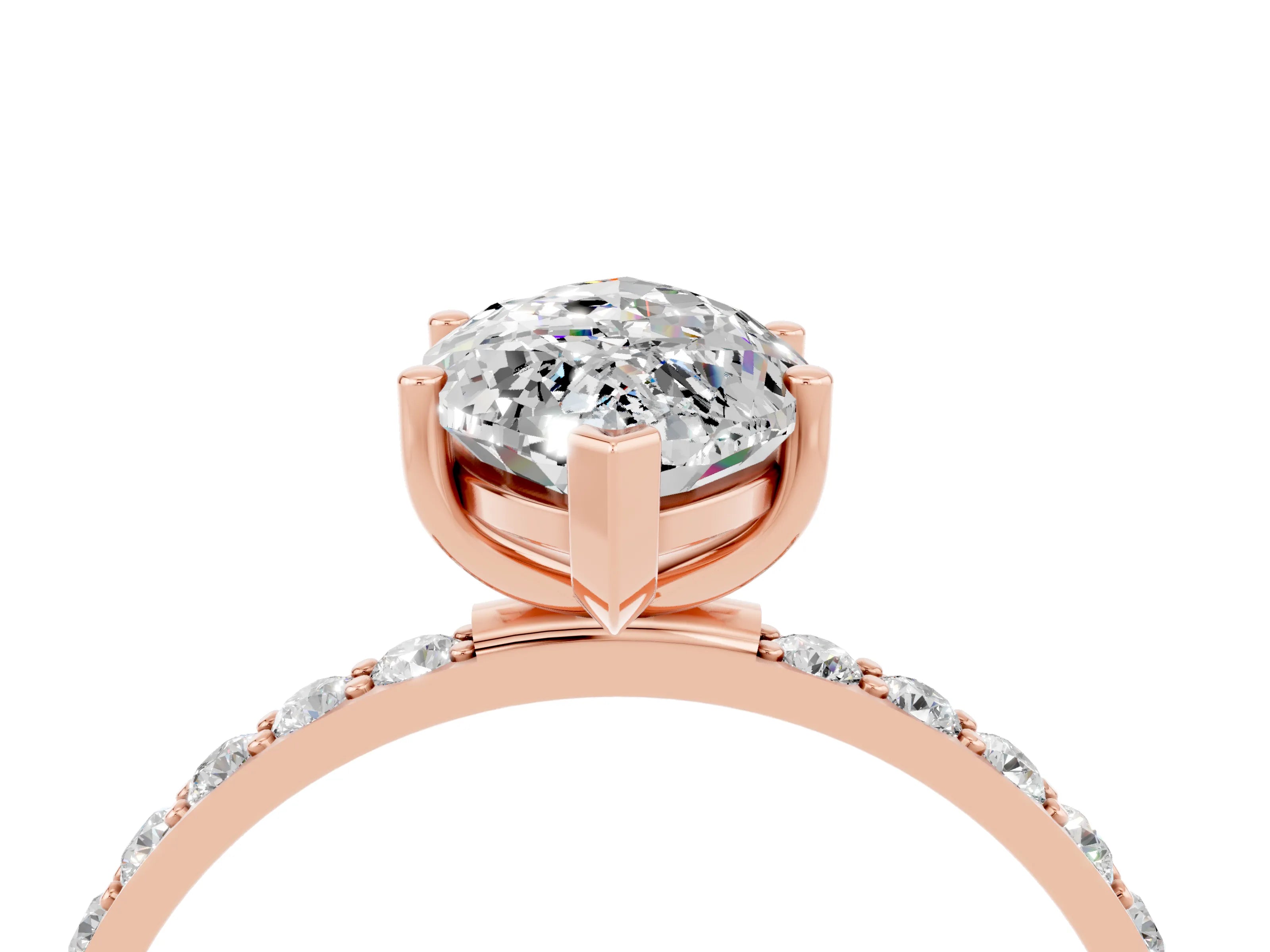 Rose gold Marquise Cut Moissanite Solitaire Ring with Pave Band and Four Prong Setting_28