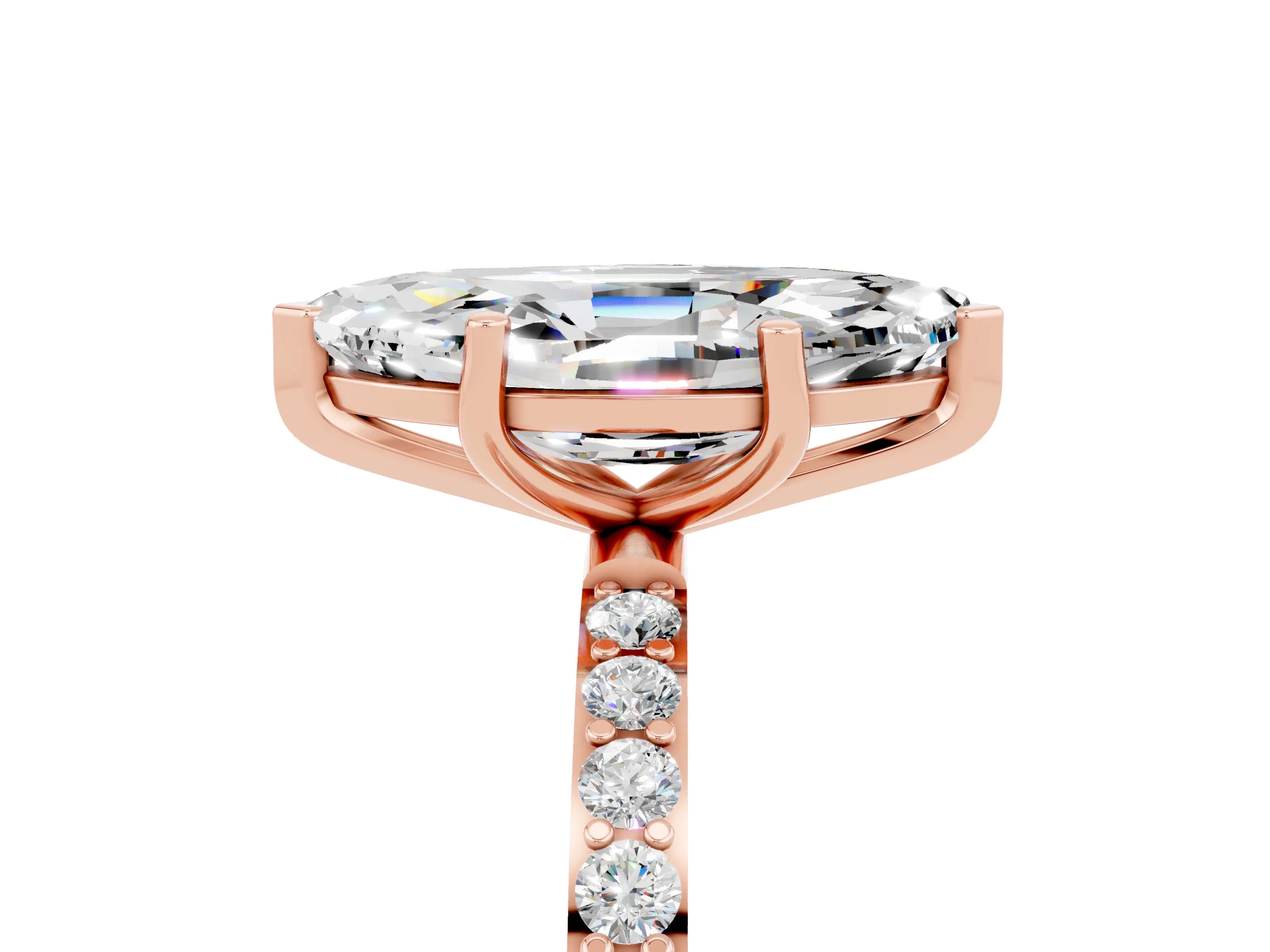 Rose gold Marquise Cut Moissanite Solitaire Ring with Pave Band and Four Prong Setting_29
