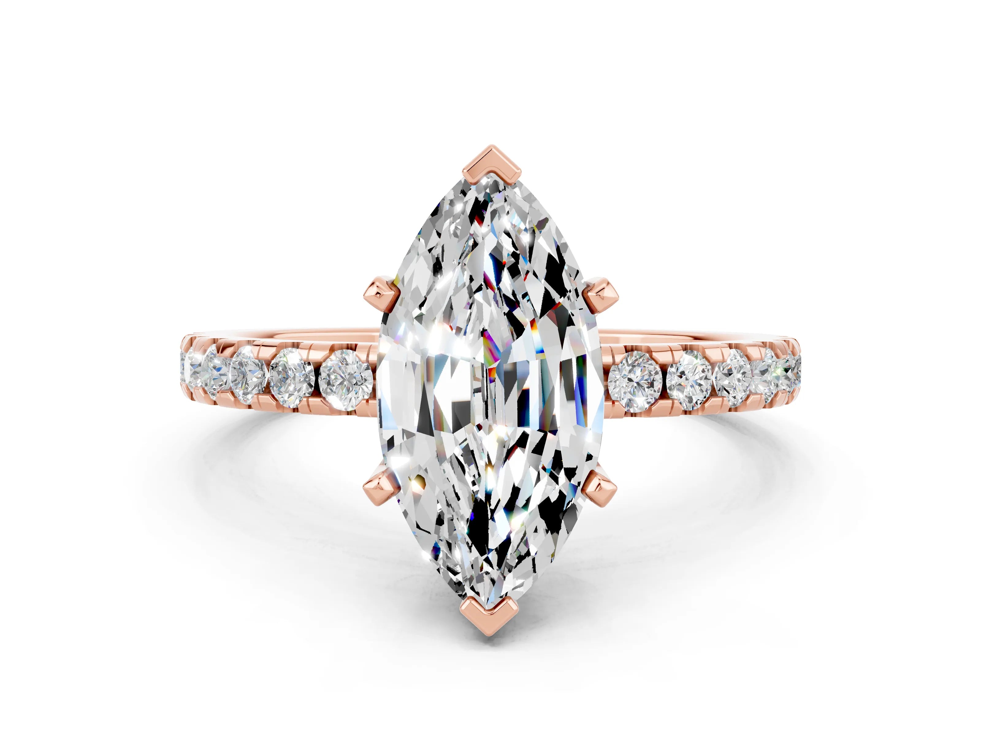 Rose gold Marquise Cut Moissanite Solitaire Ring with Round  Pavé Band and Four-Prong Setting_42