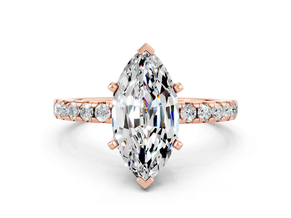 Rose gold Marquise Cut Moissanite Solitaire Ring with Round  Pavé Band and Four-Prong Setting