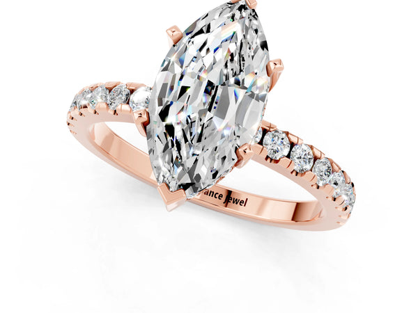 Rose gold Marquise Cut Moissanite Solitaire Ring with Round  Pavé Band and Four-Prong Setting