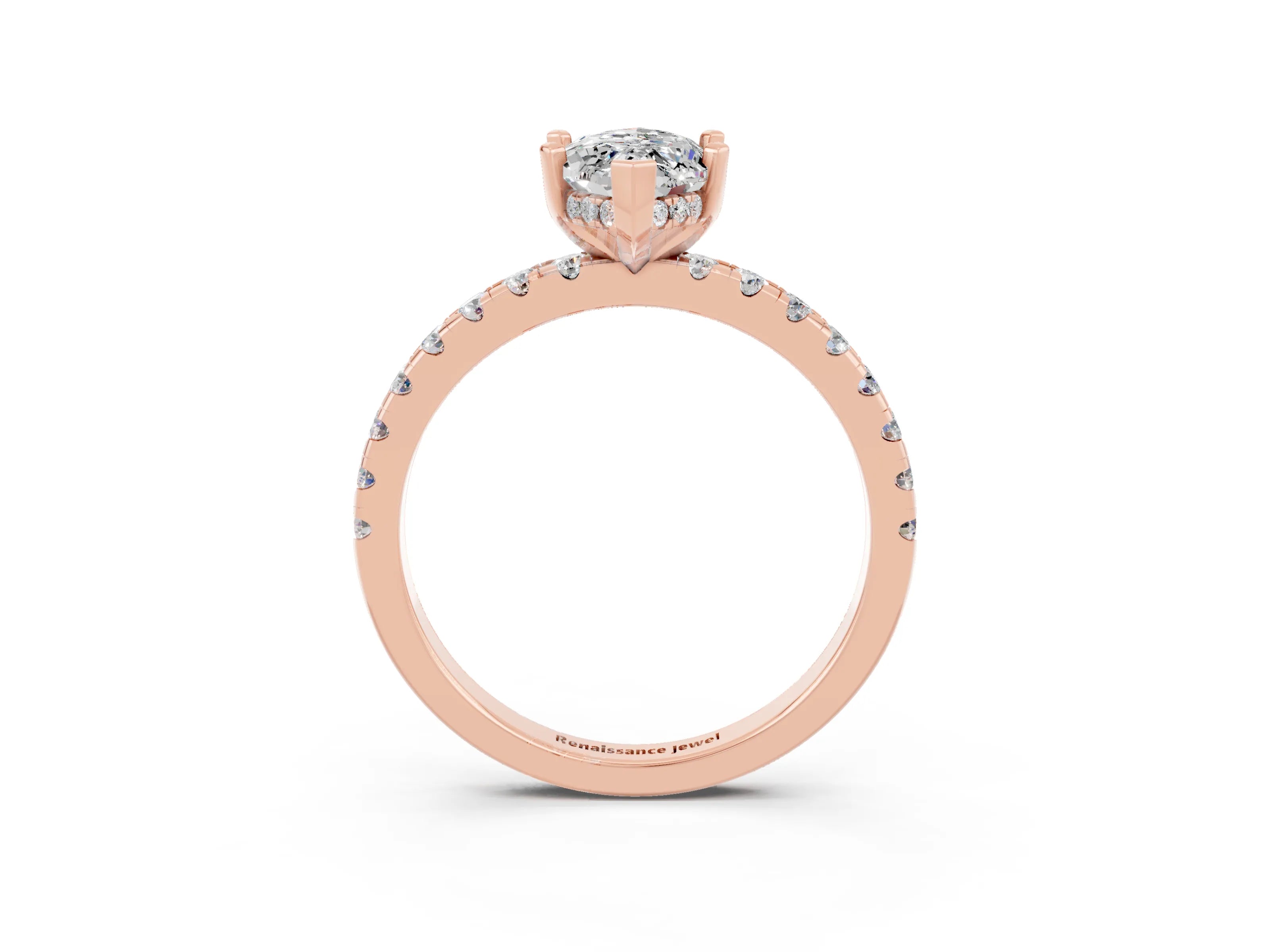 Rose gold Marquise Cut Moissanite Solitaire Ring with Round  Pavé Band and Four-Prong Setting_45