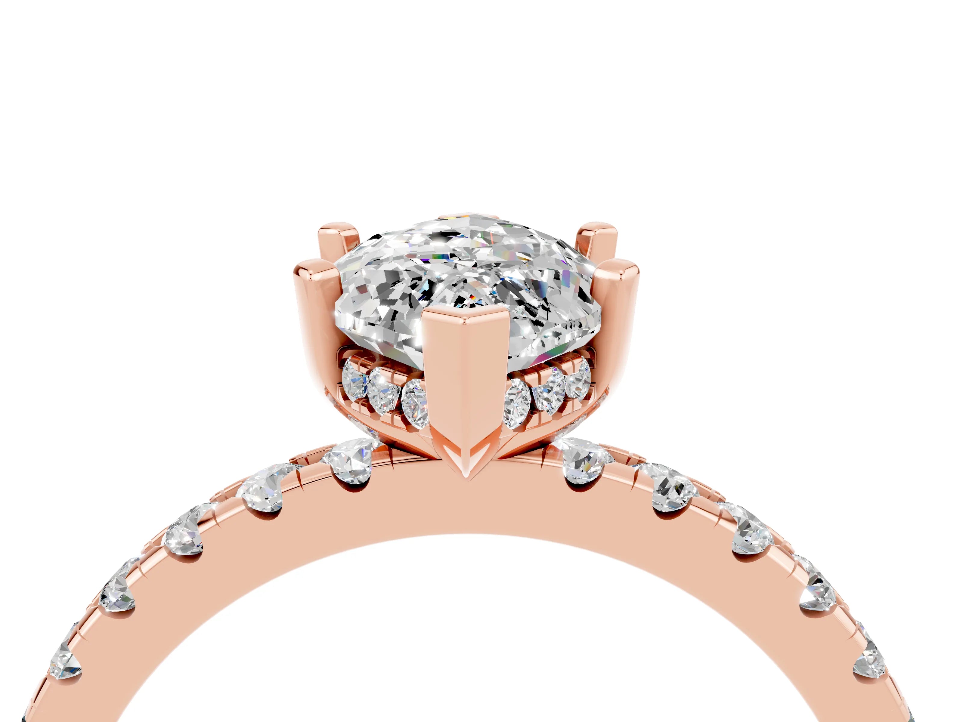 Rose gold Marquise Cut Moissanite Solitaire Ring with Round  Pavé Band and Four-Prong Setting_46