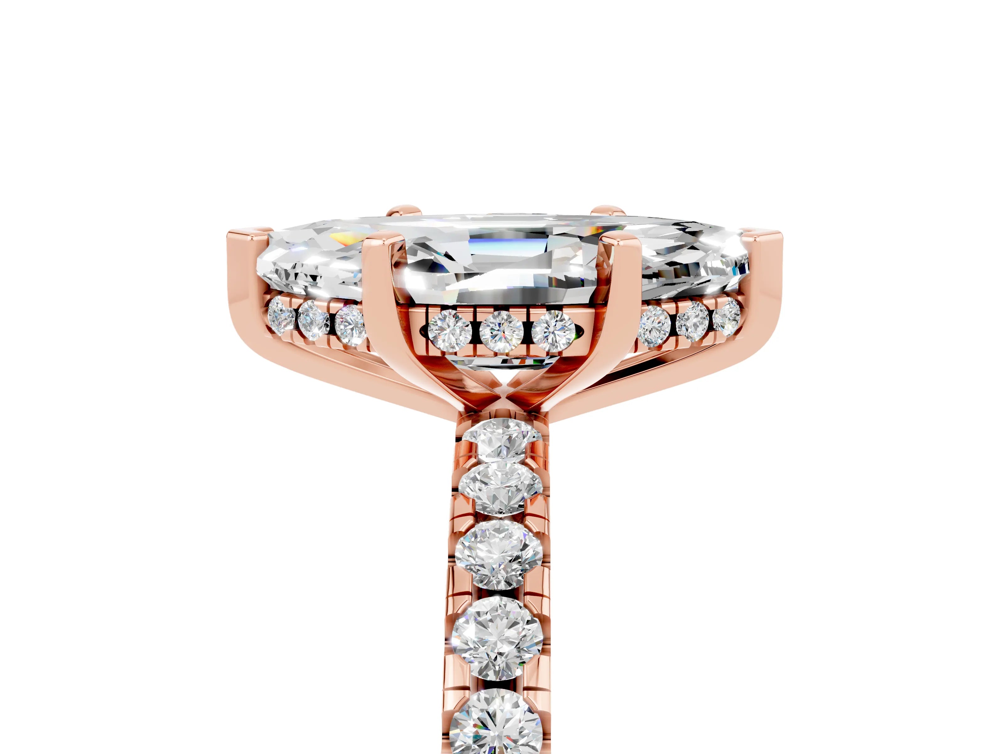 Rose gold Marquise Cut Moissanite Solitaire Ring with Round  Pavé Band and Four-Prong Setting_47