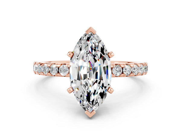 Rose gold Marquise Cut Moissanite Solitaire Ring with Round Pavé Band and Four-Prong Setting