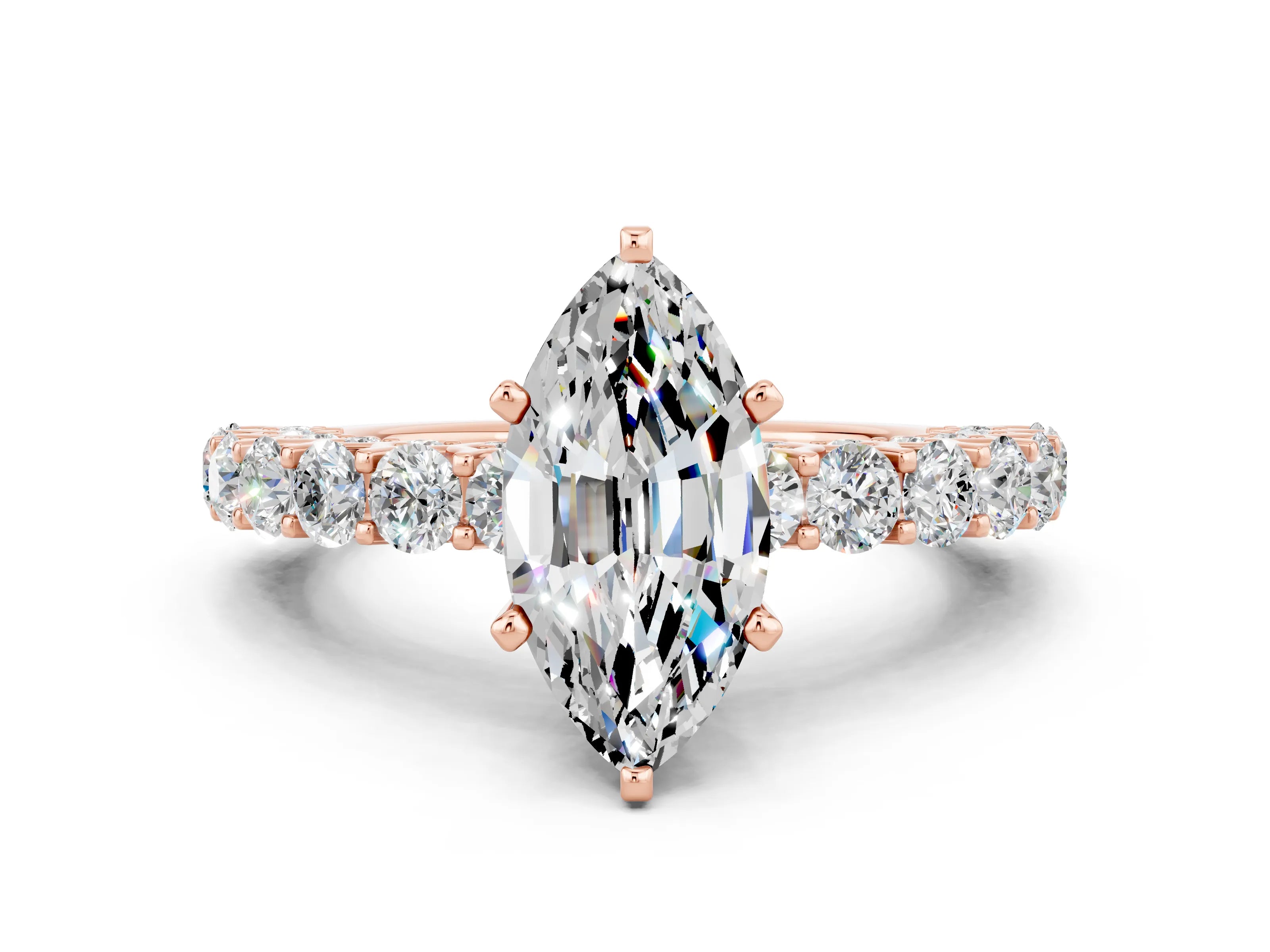 Rose gold Marquise Cut Moissanite Solitaire Ring with Shared Prong Pavé Band and Four-Prong Setting
