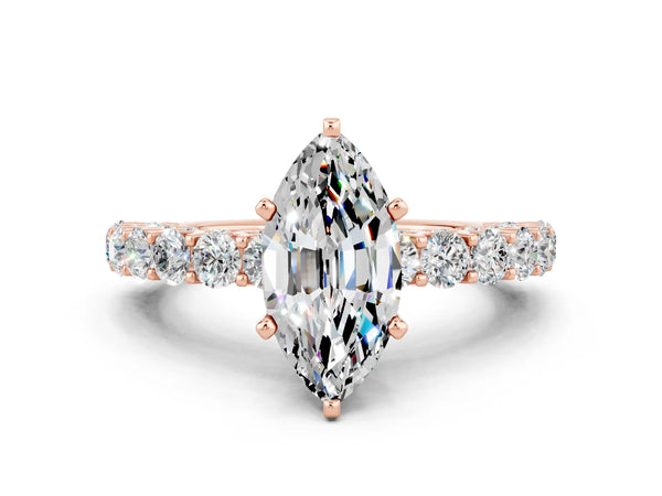 Rose gold Marquise Cut Moissanite Solitaire Ring with Shared Prong Pavé Band and Four-Prong Setting
