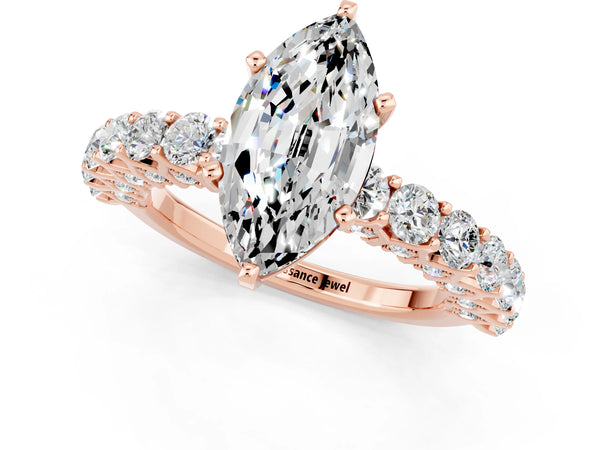 Rose gold Marquise Cut Moissanite Solitaire Ring with Shared Prong Pavé Band and Four-Prong Setting