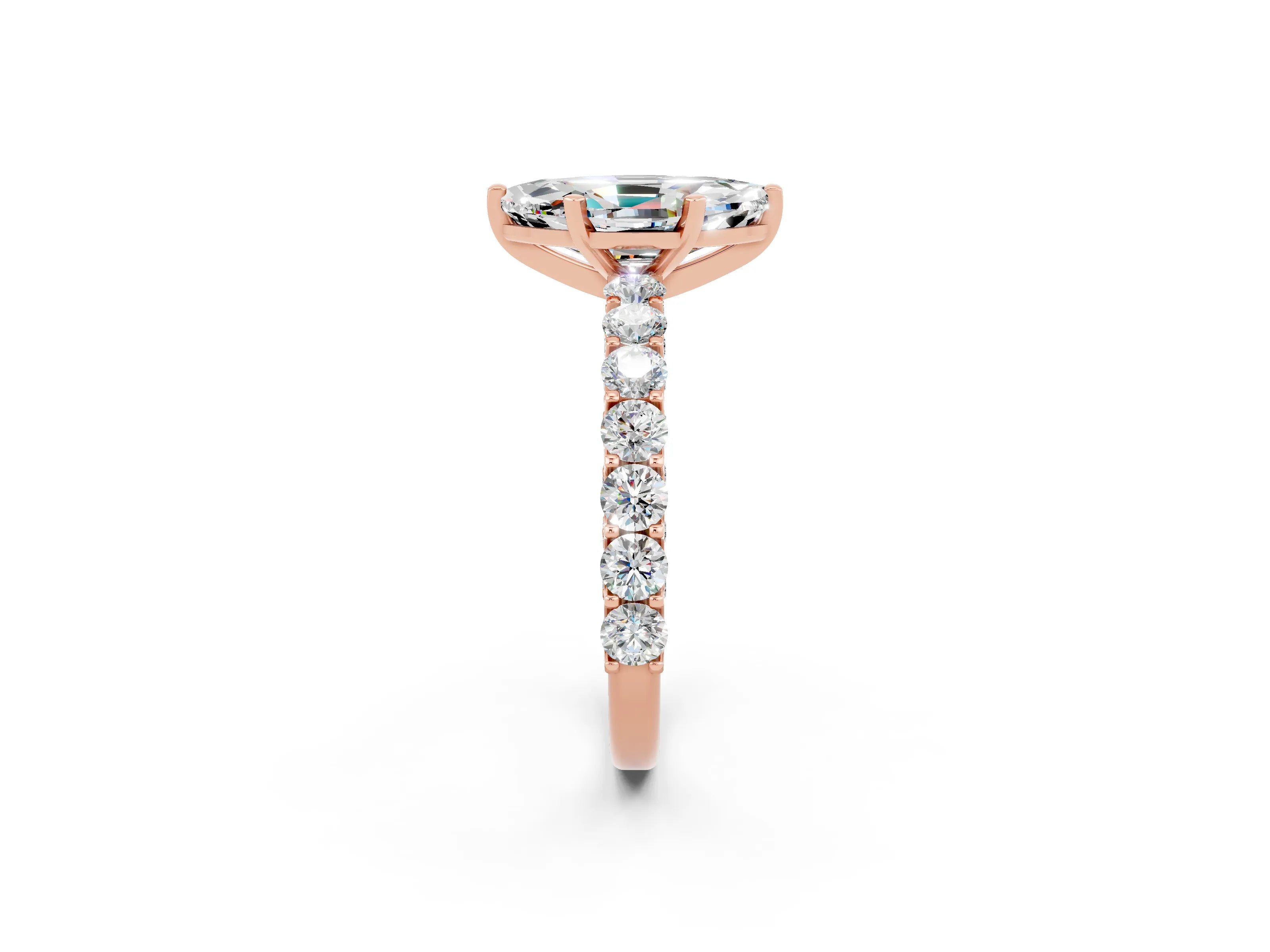 Rose gold Marquise Cut Moissanite Solitaire Ring with Shared Prong Pavé Band and Four-Prong Setting_2
