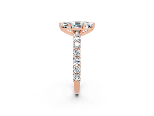 Rose gold Marquise Cut Moissanite Solitaire Ring with Shared Prong Pavé Band and Four-Prong Setting