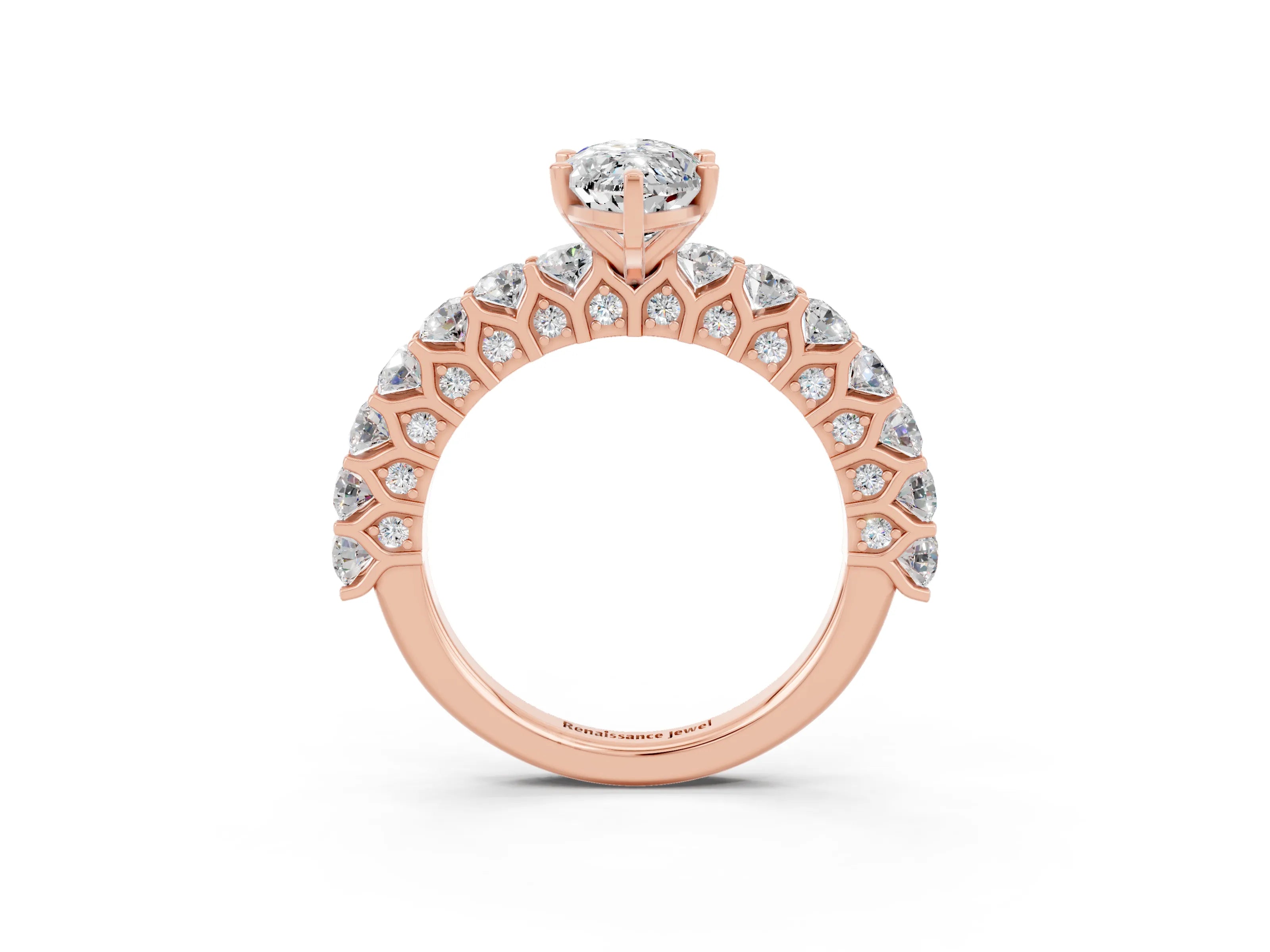 Rose gold Marquise Cut Moissanite Solitaire Ring with Shared Prong Pavé Band and Four-Prong Setting_3
