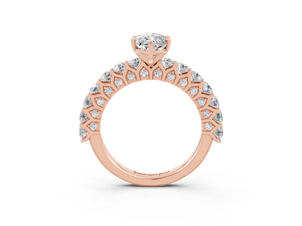 Rose gold Marquise Cut Moissanite Solitaire Ring with Shared Prong Pavé Band and Four-Prong Setting