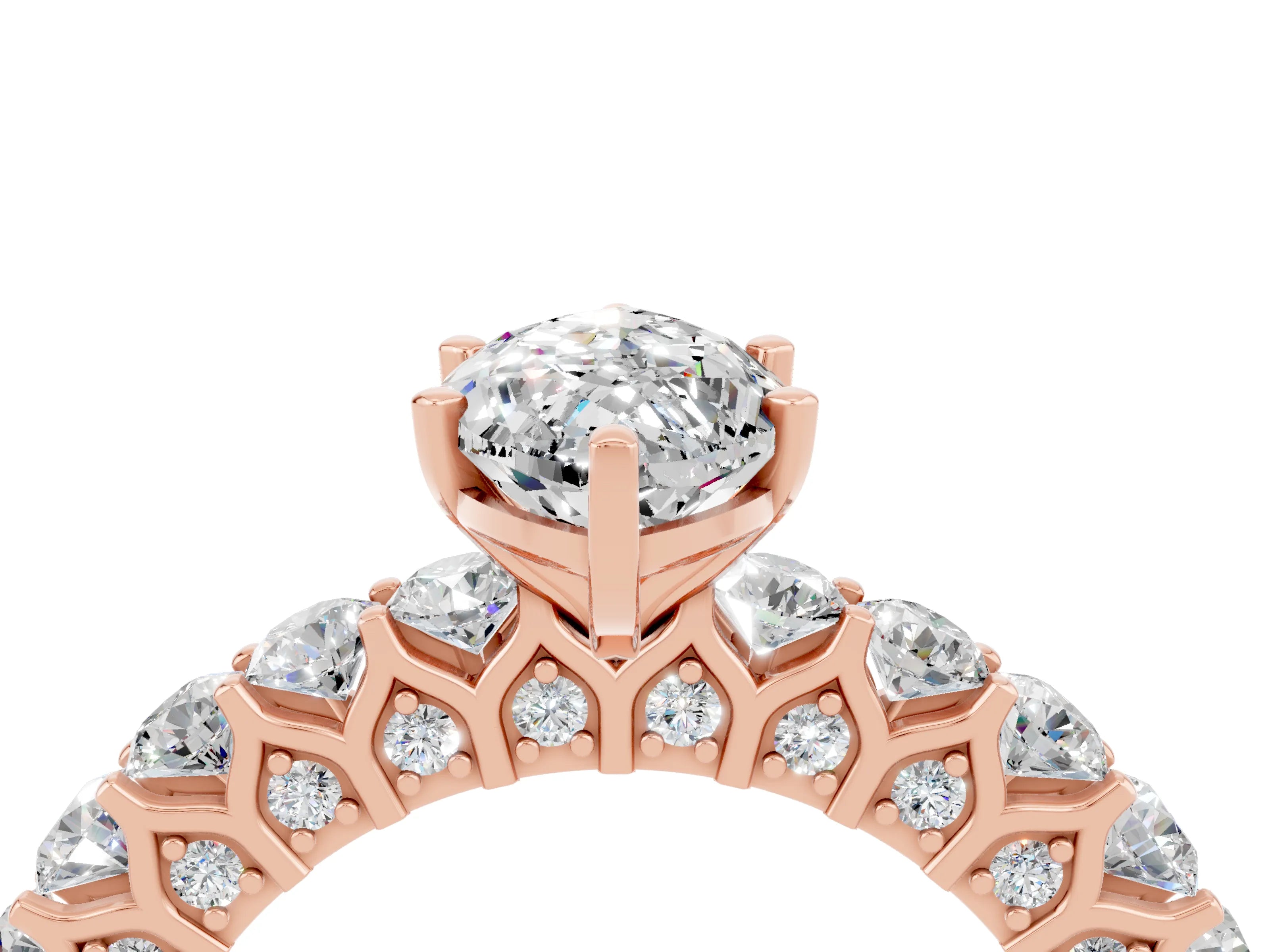 Rose gold Marquise Cut Moissanite Solitaire Ring with Shared Prong Pavé Band and Four-Prong Setting_4