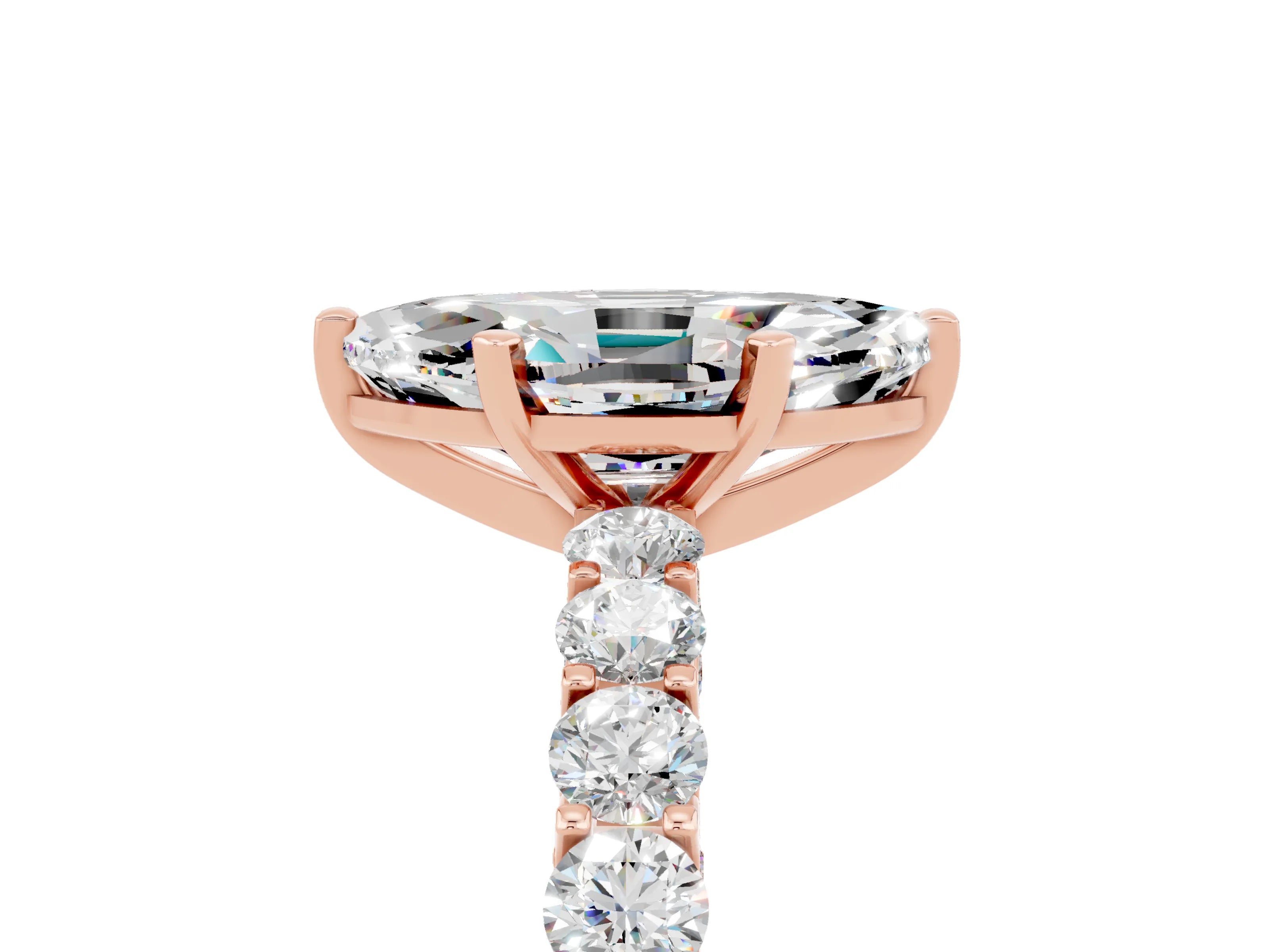 Rose gold Marquise Cut Moissanite Solitaire Ring with Shared Prong Pavé Band and Four-Prong Setting_5