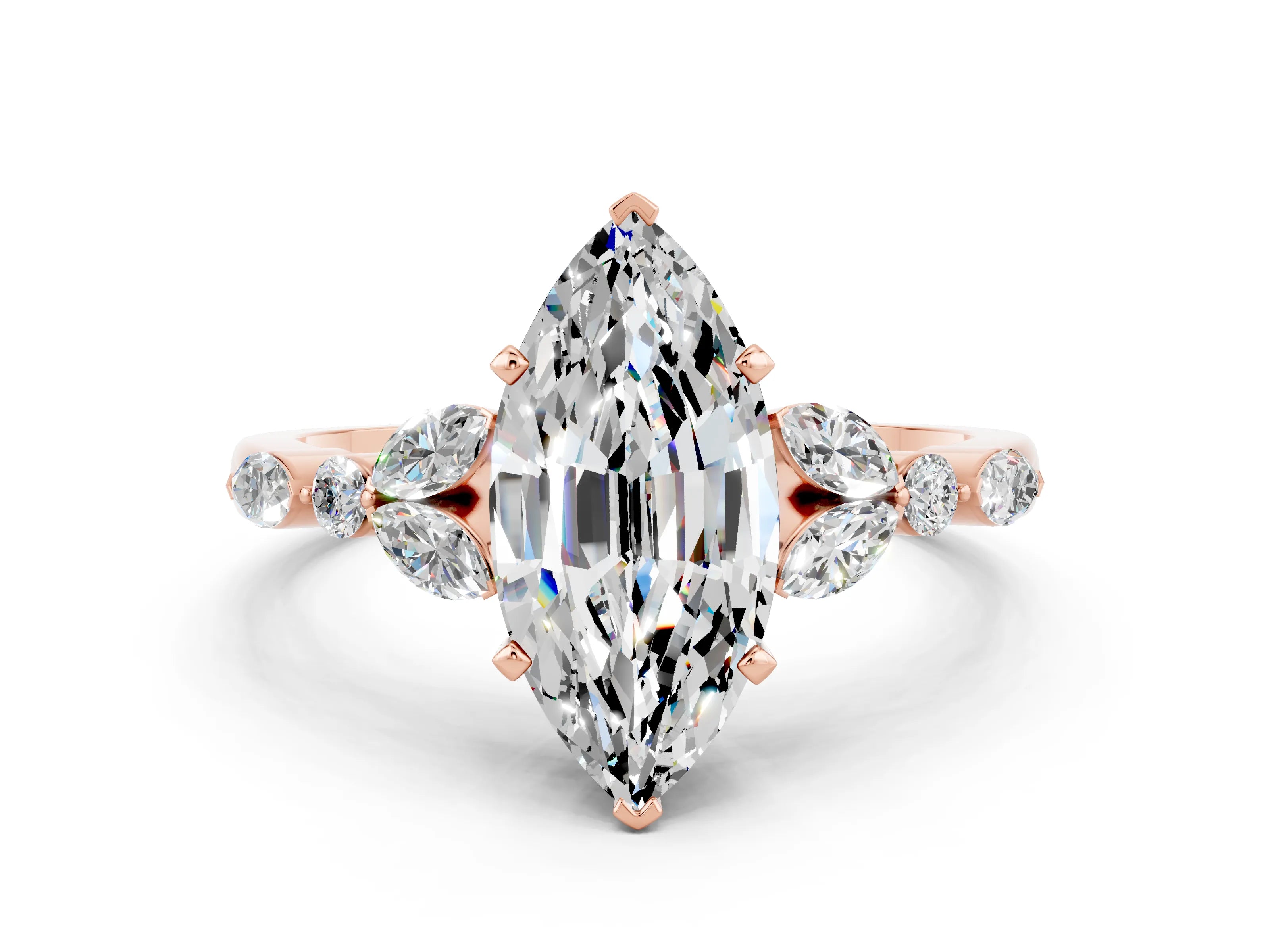 Rose gold Marquise Cut Moissanite Solitaire Ring with Side Stones and Four-Prong Setting_12