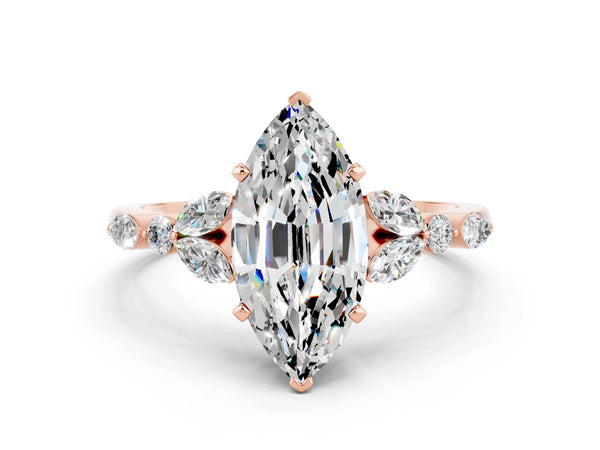 Rose gold Marquise Cut Moissanite Solitaire Ring with Side Stones and Four-Prong Setting