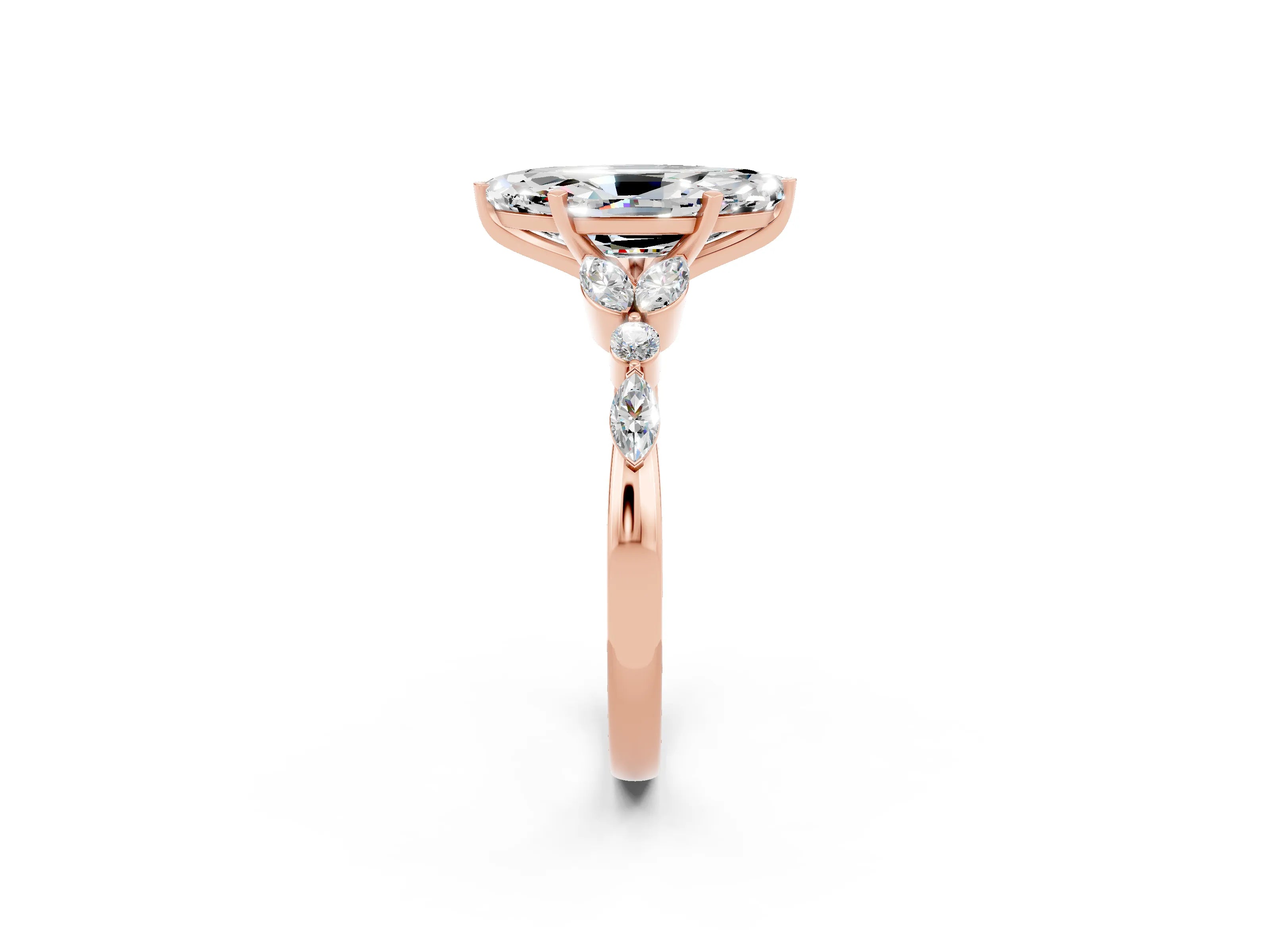 Rose gold Marquise Cut Moissanite Solitaire Ring with Side Stones and Four-Prong Setting_14