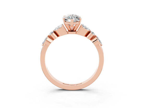 Rose gold Marquise Cut Moissanite Solitaire Ring with Side Stones and Four-Prong Setting