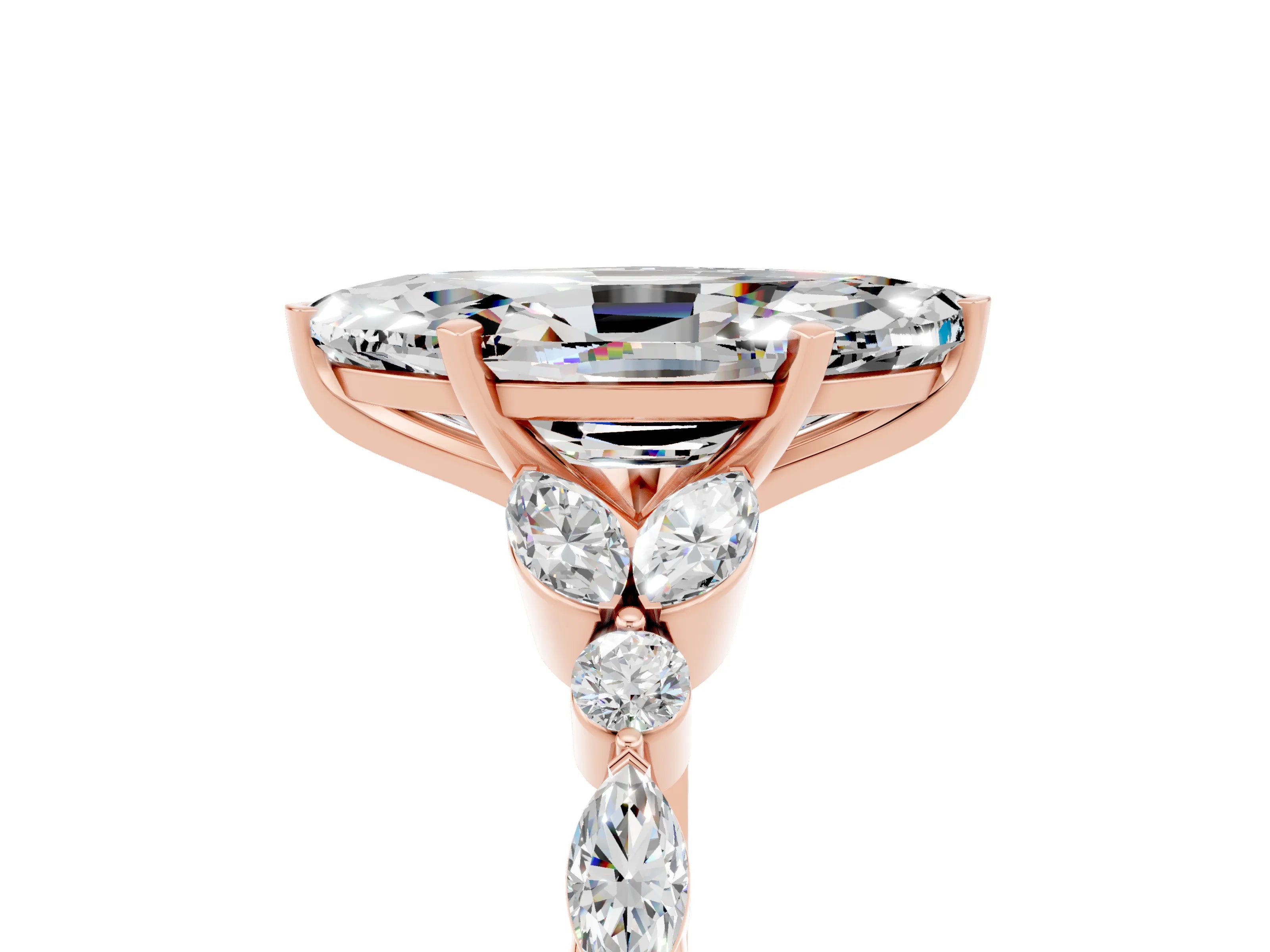 Rose gold Marquise Cut Moissanite Solitaire Ring with Side Stones and Four-Prong Setting_17