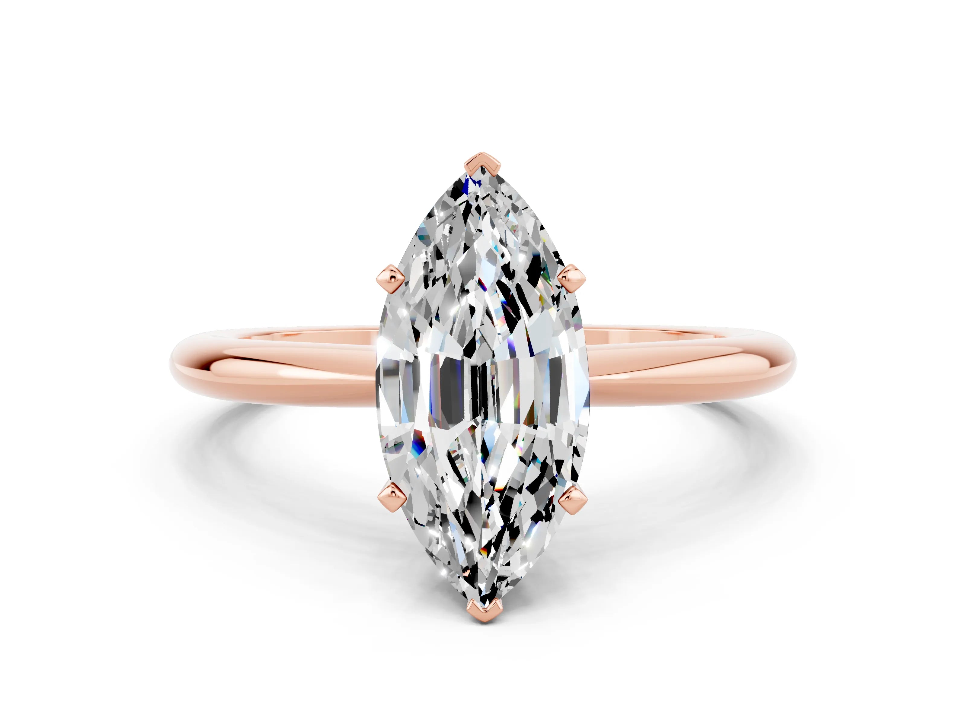 Rose gold Marquise Cut Moissanite Solitaire Ring with Six-Prong Setting and Classic Band