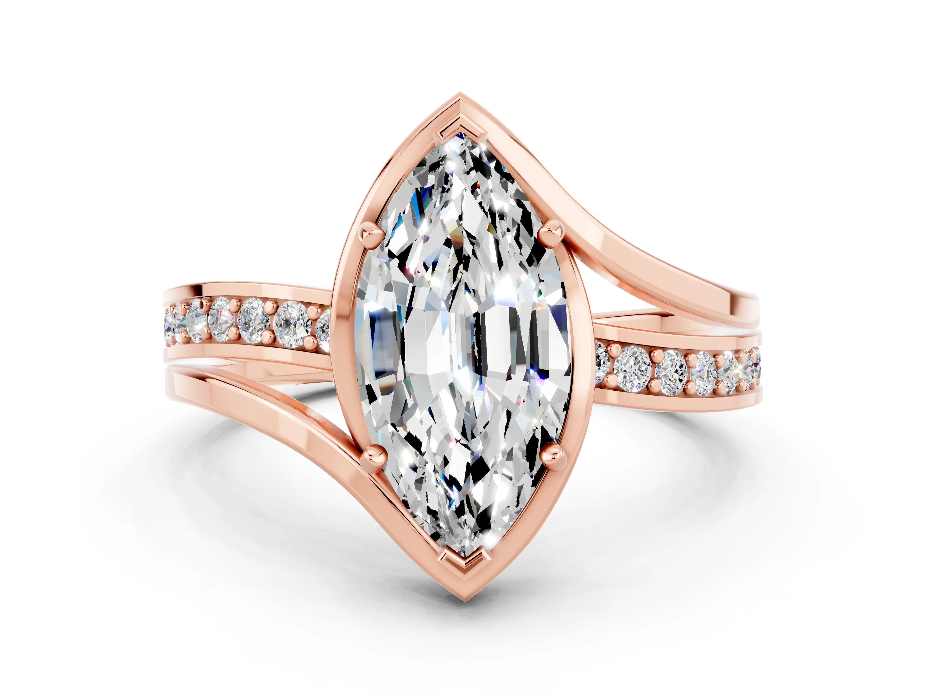 Rose gold Marquise Cut Moissanite Solitaire Ring with Split Shank and Prong Setting